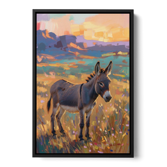 Farm Animal Paintings Grey Donkey at Sundown - Black Framed Canvas Wall Art - Front