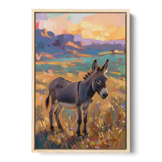 Farm Animal Paintings Grey Donkey at Sundown - Oak Framed Canvas Wall Art - Front