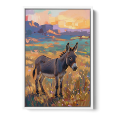 Farm Animal Paintings Grey Donkey at Sundown - White Framed Canvas Wall Art - Front