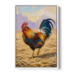Farm Animal Wall Art of a Strutting Rooster - White Framed Canvas Wall Art - Front