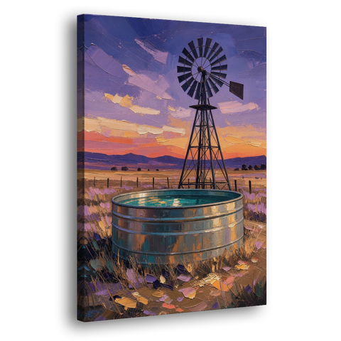 Farm Landscape Painting with Windmill and Stock Tank - Canvas Wall Art - Side