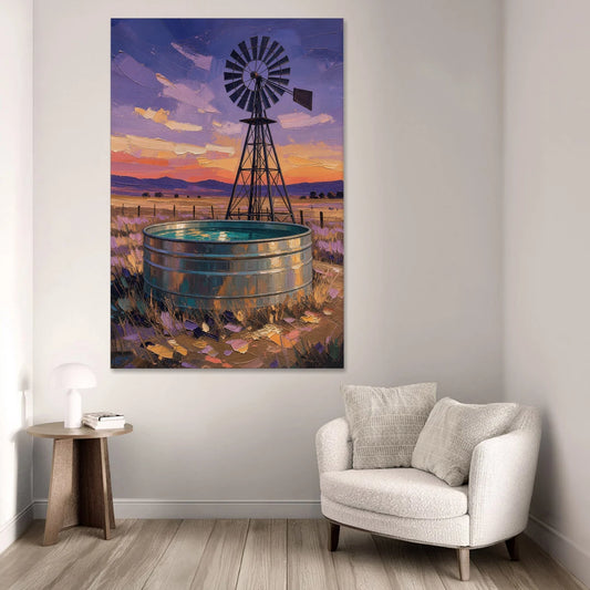 Farm Landscape Painting with Windmill and Stock Tank - Canvas Wall Art - Sofa - 40x60