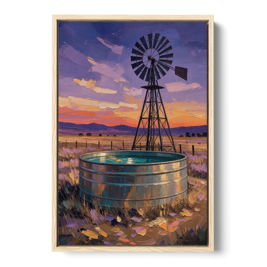 Farm Landscape Painting with Windmill and Stock Tank - Oak Framed Canvas Wall Art - Front