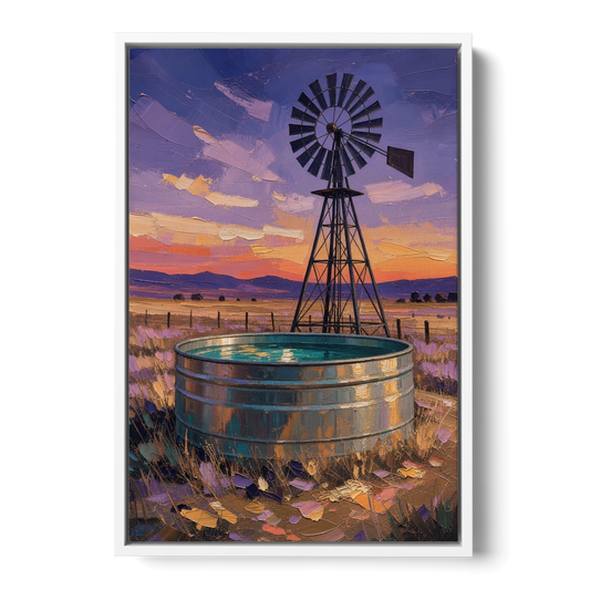 Farm Landscape Painting with Windmill and Stock Tank - White Framed Canvas Wall Art - Front