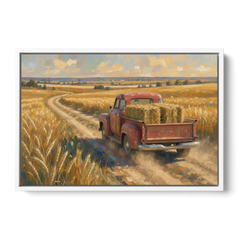 Farm Wall Art Hay Truck on the Wheat Road - White Framed Canvas Wall Art - Front