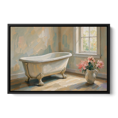 Farmhouse Bathroom Decor with a Clawfoot Tub and Peonies - Black Framed Canvas Wall Art - Front