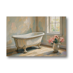 Farmhouse Bathroom Decor with a Clawfoot Tub and Peonies - Canvas Wall Art - Front