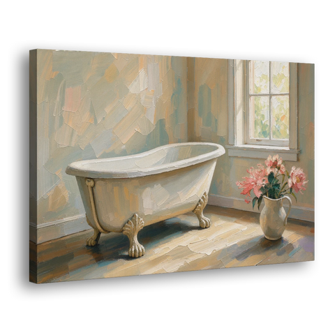 Farmhouse Bathroom Decor with a Clawfoot Tub and Peonies - Canvas Wall Art - Side