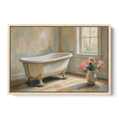 Farmhouse Bathroom Decor with a Clawfoot Tub and Peonies - Oak Framed Canvas Wall Art - Front