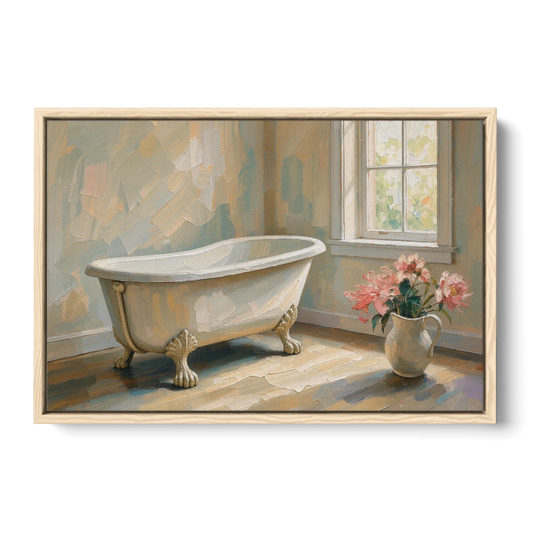 Farmhouse Bathroom Decor with a Clawfoot Tub and Peonies - Oak Framed Canvas Wall Art - Front