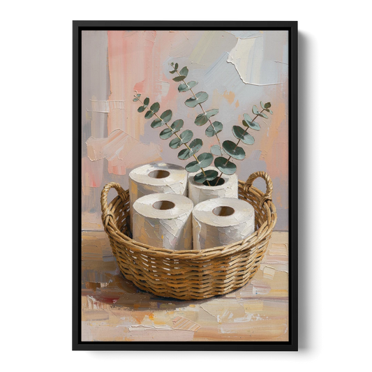 Farmhouse Bathroom Wall Decor with Wicker Basket and Eucalyptus - Black Framed Canvas Wall Art - Front