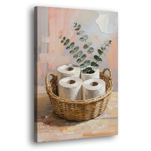 Farmhouse Bathroom Wall Decor with Wicker Basket and Eucalyptus - Canvas Wall Art - Side