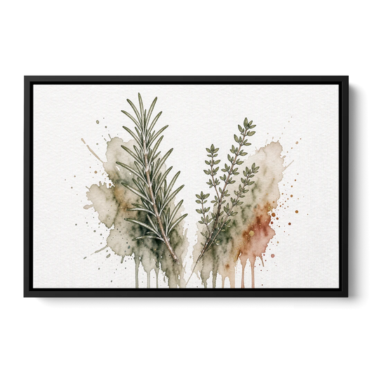 Farmhouse Botanical Wall Art with Rosemary and Thyme - Black Framed Canvas Wall Art - Front