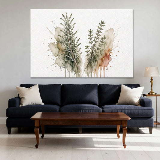 Farmhouse Botanical Wall Art with Rosemary and Thyme - Canvas Wall Art - Sofa - 60x40