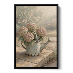 Farmhouse Floral Wall Art with Hydrangea Watering Can - Black Framed Canvas Wall Art - Front