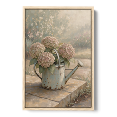 Farmhouse Floral Wall Art with Hydrangea Watering Can - Oak Framed Canvas Wall Art - Front