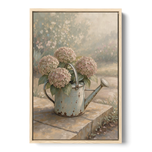 Farmhouse Floral Wall Art with Hydrangea Watering Can - Oak Framed Canvas Wall Art - Front
