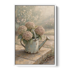 Farmhouse Floral Wall Art with Hydrangea Watering Can - White Framed Canvas Wall Art - Front