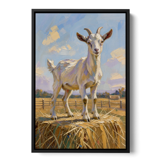 Farmhouse Goat on the Hay Bale - Black Framed Canvas Wall Art - Front