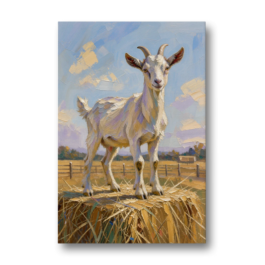 Farmhouse Goat on the Hay Bale - Canvas Wall Art - Front