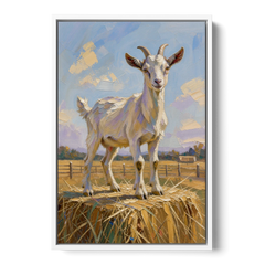 Farmhouse Goat on the Hay Bale - White Framed Canvas Wall Art - Front