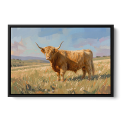 Farmhouse Highland Cow in the Golden Pasture - Black Framed Canvas Wall Art - Front