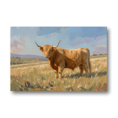 Farmhouse Highland Cow in the Golden Pasture - Canvas Wall Art - Front