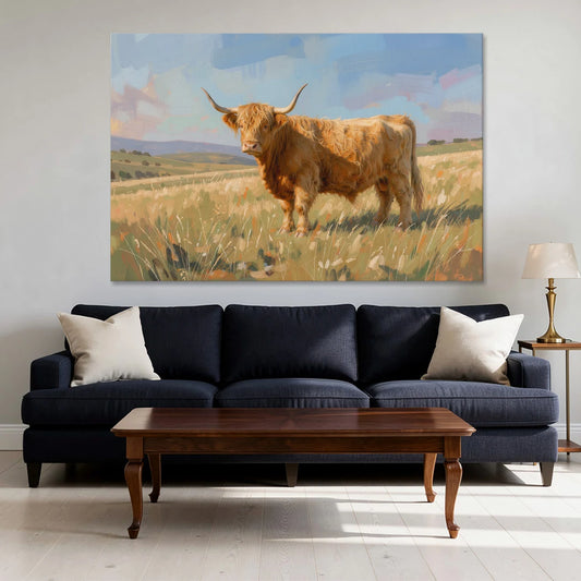 Farmhouse Highland Cow in the Golden Pasture - Canvas Wall Art - Sofa - 60x40