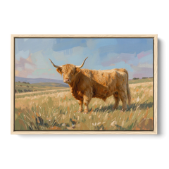 Farmhouse Highland Cow in the Golden Pasture - Oak Framed Canvas Wall Art - Front