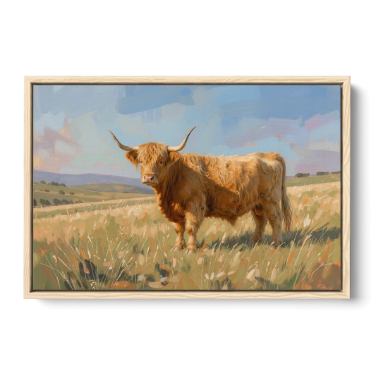 Farmhouse Highland Cow in the Golden Pasture - Oak Framed Canvas Wall Art - Front
