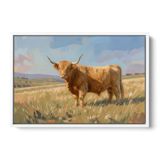 Farmhouse Highland Cow in the Golden Pasture - White Framed Canvas Wall Art - Front