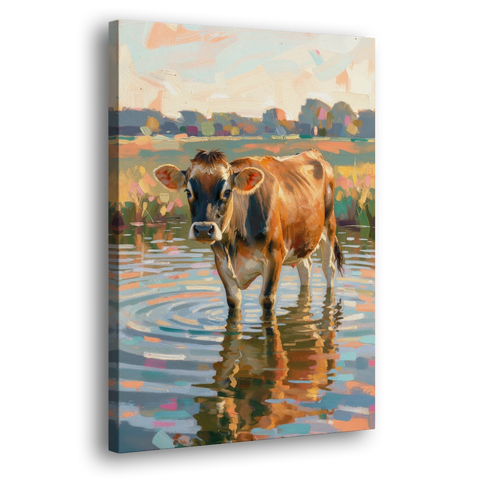 Farmhouse Jersey Cow in the Evening Pond - Canvas Wall Art - Side