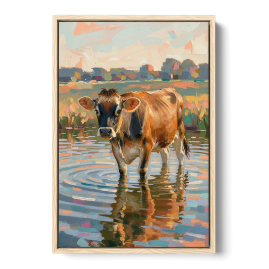 Farmhouse Jersey Cow in the Evening Pond - Oak Framed Canvas Wall Art - Front