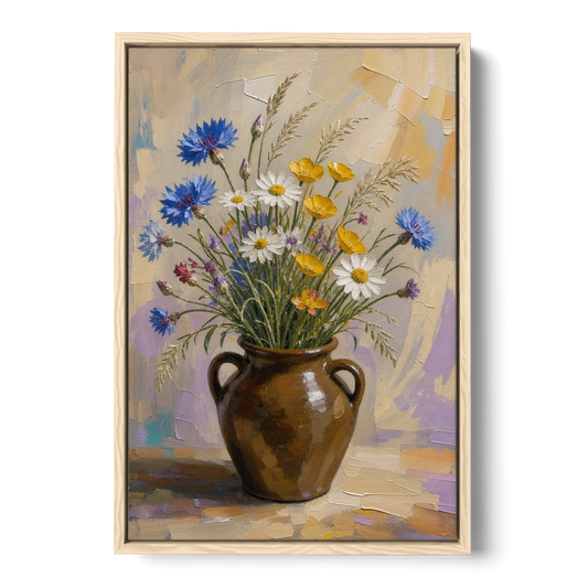 Farmhouse Kitchen Wildflower Wall Art in a Stoneware Jug - Oak Framed Canvas Wall Art - Front
