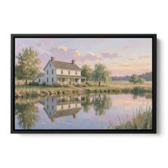 Farmhouse Landscape Painting by the Evening Pond - Black Framed Canvas Wall Art - Front