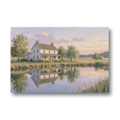 Farmhouse Landscape Painting by the Evening Pond - Canvas Wall Art - Front