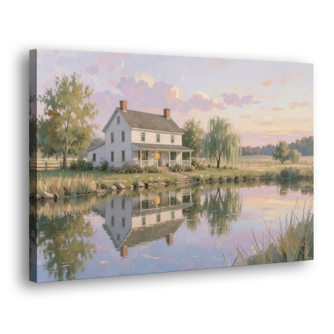 Farmhouse Landscape Painting by the Evening Pond - Canvas Wall Art - Side