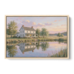 Farmhouse Landscape Painting by the Evening Pond - Oak Framed Canvas Wall Art - Front