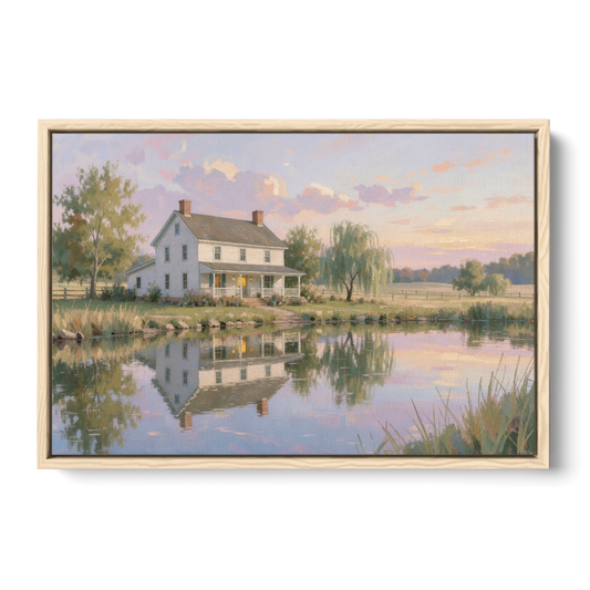 Farmhouse Landscape Painting by the Evening Pond - Oak Framed Canvas Wall Art - Front