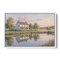 Farmhouse Landscape Painting by the Evening Pond - White Framed Canvas Wall Art - Front