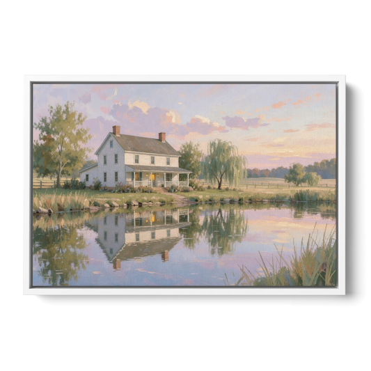 Farmhouse Landscape Painting by the Evening Pond - White Framed Canvas Wall Art - Front