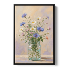 Farmhouse Meadow Wildflowers in a Mason Jar for the Bedroom - Black Framed Canvas Wall Art - Front