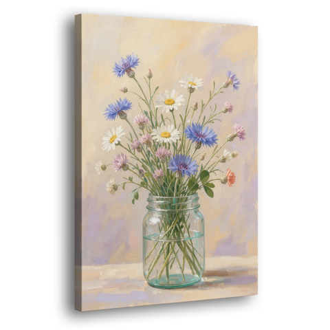 Farmhouse Meadow Wildflowers in a Mason Jar for the Bedroom - Canvas Wall Art - Side