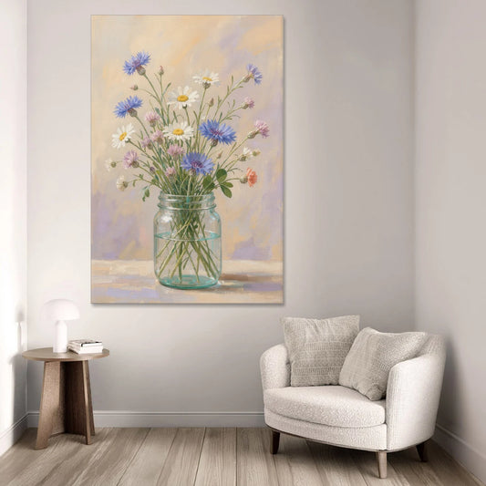 Farmhouse Meadow Wildflowers in a Mason Jar for the Bedroom - Canvas Wall Art - Sofa - 40x60