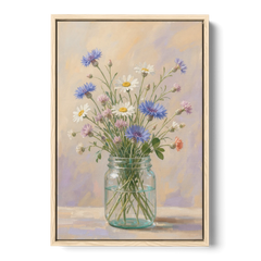 Farmhouse Meadow Wildflowers in a Mason Jar for the Bedroom - Oak Framed Canvas Wall Art - Front