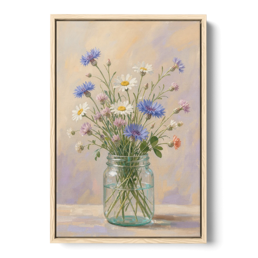 Farmhouse Meadow Wildflowers in a Mason Jar for the Bedroom - Oak Framed Canvas Wall Art - Front