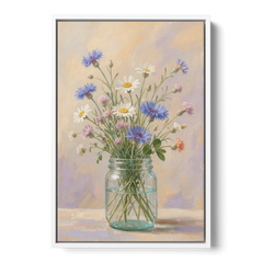 Farmhouse Meadow Wildflowers in a Mason Jar for the Bedroom - White Framed Canvas Wall Art - Front