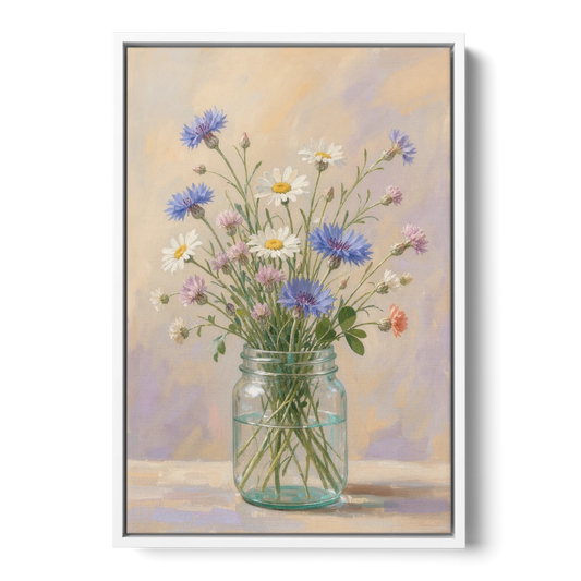 Farmhouse Meadow Wildflowers in a Mason Jar for the Bedroom - White Framed Canvas Wall Art - Front