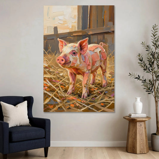 Farmhouse Paintings Piglet in Golden Straw - Canvas Wall Art - Sofa - 40x60