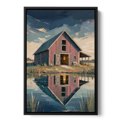 Farmhouse Red Barn Reflected in the Farm Pond - Black Framed Canvas Wall Art - Front
